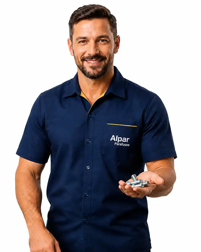Atendimento especializado da Alpar Parafusos em Campinas com consultor apresentando fixadores industriais, parafusos e soluções em fixação com 35 anos de experiência.