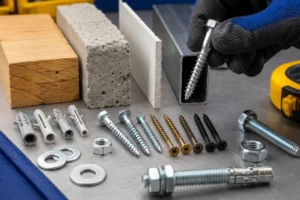 Seleção de parafusos, buchas, porcas e arruelas para reparos em madeira, concreto, drywall e metal.
