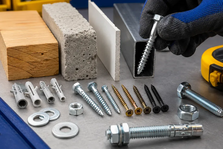 Seleção de parafusos, buchas, porcas e arruelas para reparos em madeira, concreto, drywall e metal.